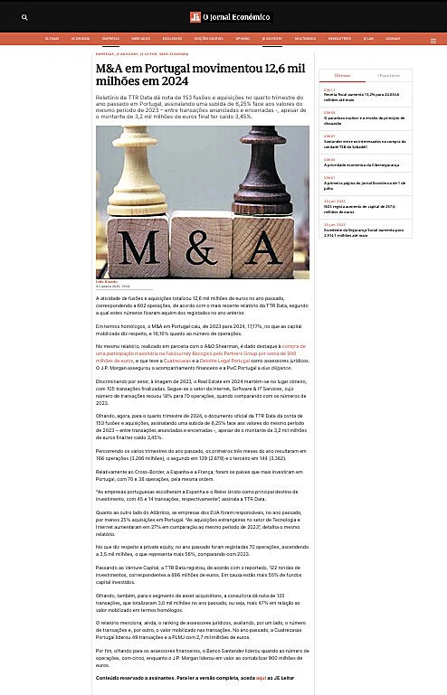 M&A em Portugal movimentou 12,6 mil milhes em 2024